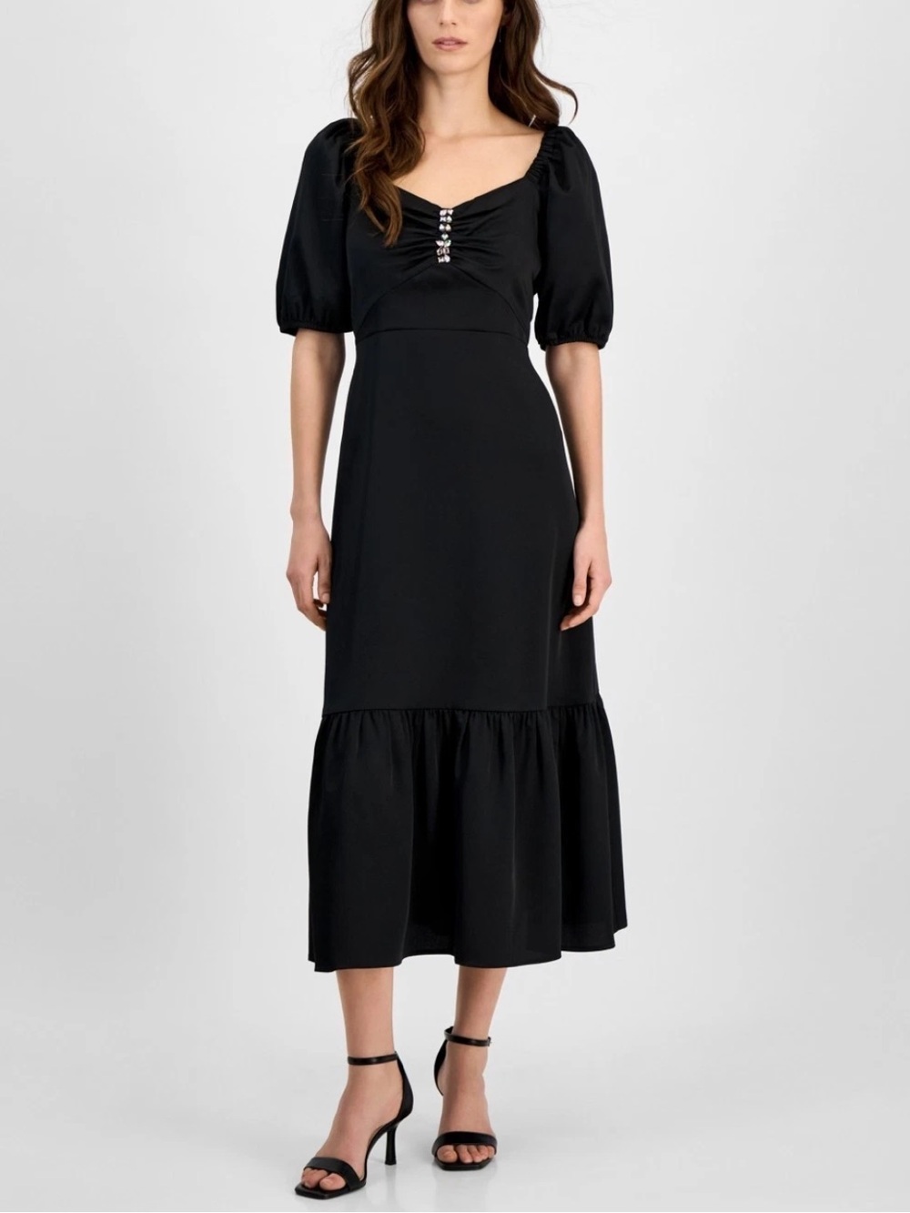 Anne Klein Black Midi Dress with Puff Sleeves and Center Jewel Detail